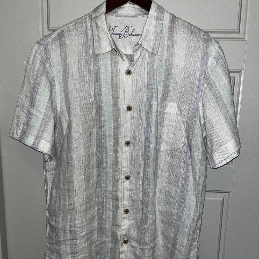 Tommy Bahama Beach Short Sleeve Button Down Shirt, White Purple Green, Medium